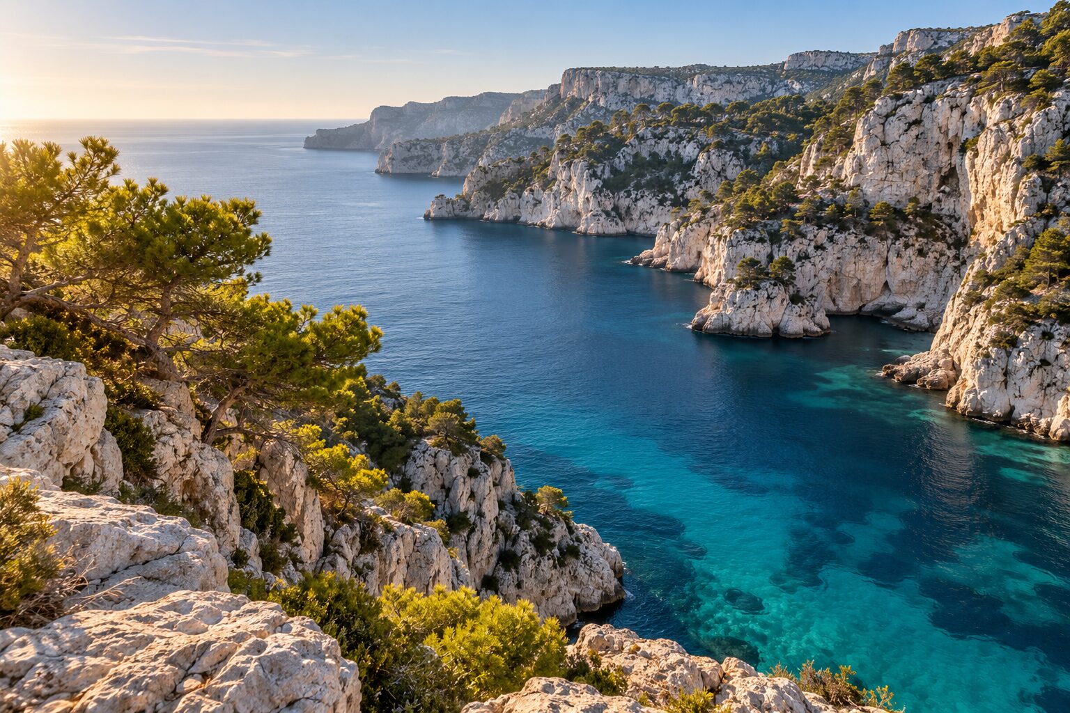 Falaises blanches plongeant dans une mer turquoise