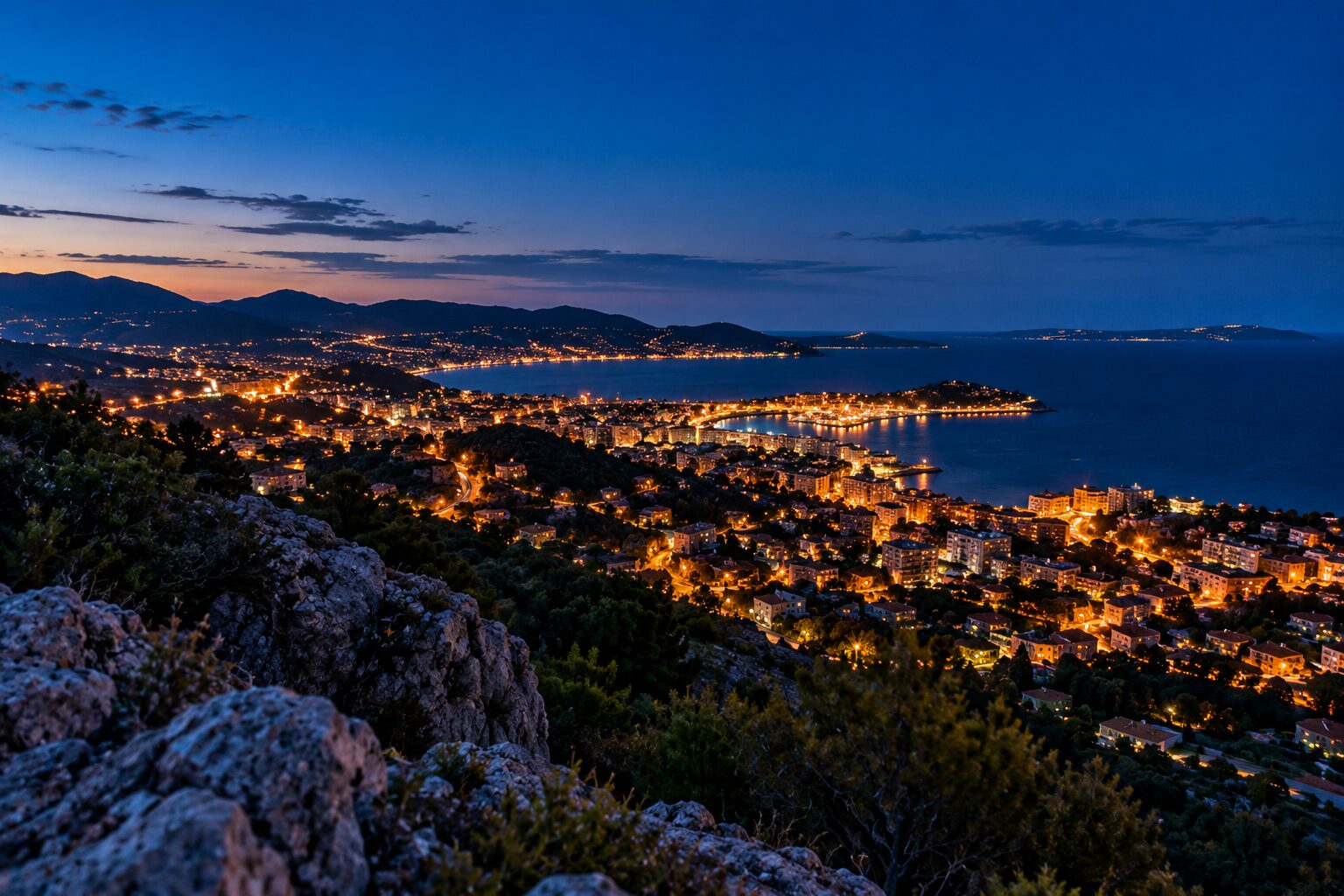 Ville méditerranéenne à l'heure bleue vue de haut